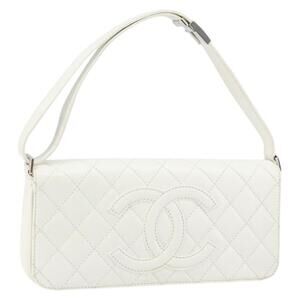 CHANEL Matelasse Chain Shoulder Bag Caviar Skin White Silver CC Auth am10305V